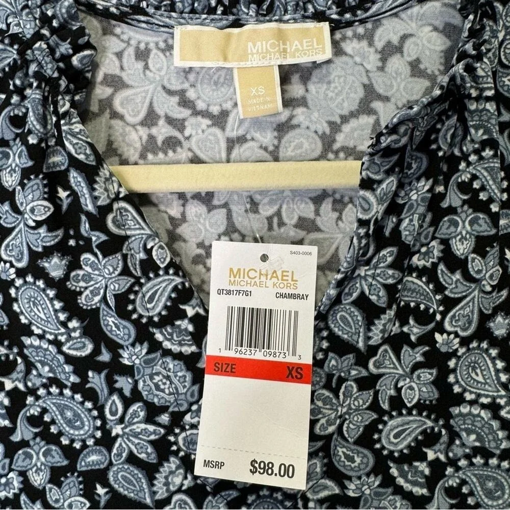 NWT Michael Kors Paisley Boho‎ Soft Stretch Mini V-neck Sleeveless Dress XS Blue